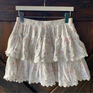 Floral Eyelet Tiered Ruffle Skort Size Large White pink flounce